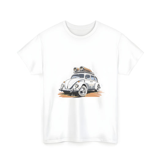 Colorful vintage car t-shirt for men and women featuring a classic Volkswagen Beetle with roof rack and barrels on a dusty road illustration