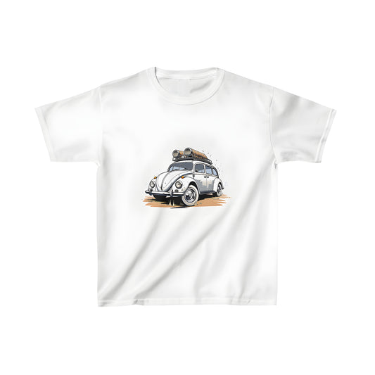 Vibrant vintage car t-shirt for kids featuring an iconic Volkswagen Beetle road trip illustration