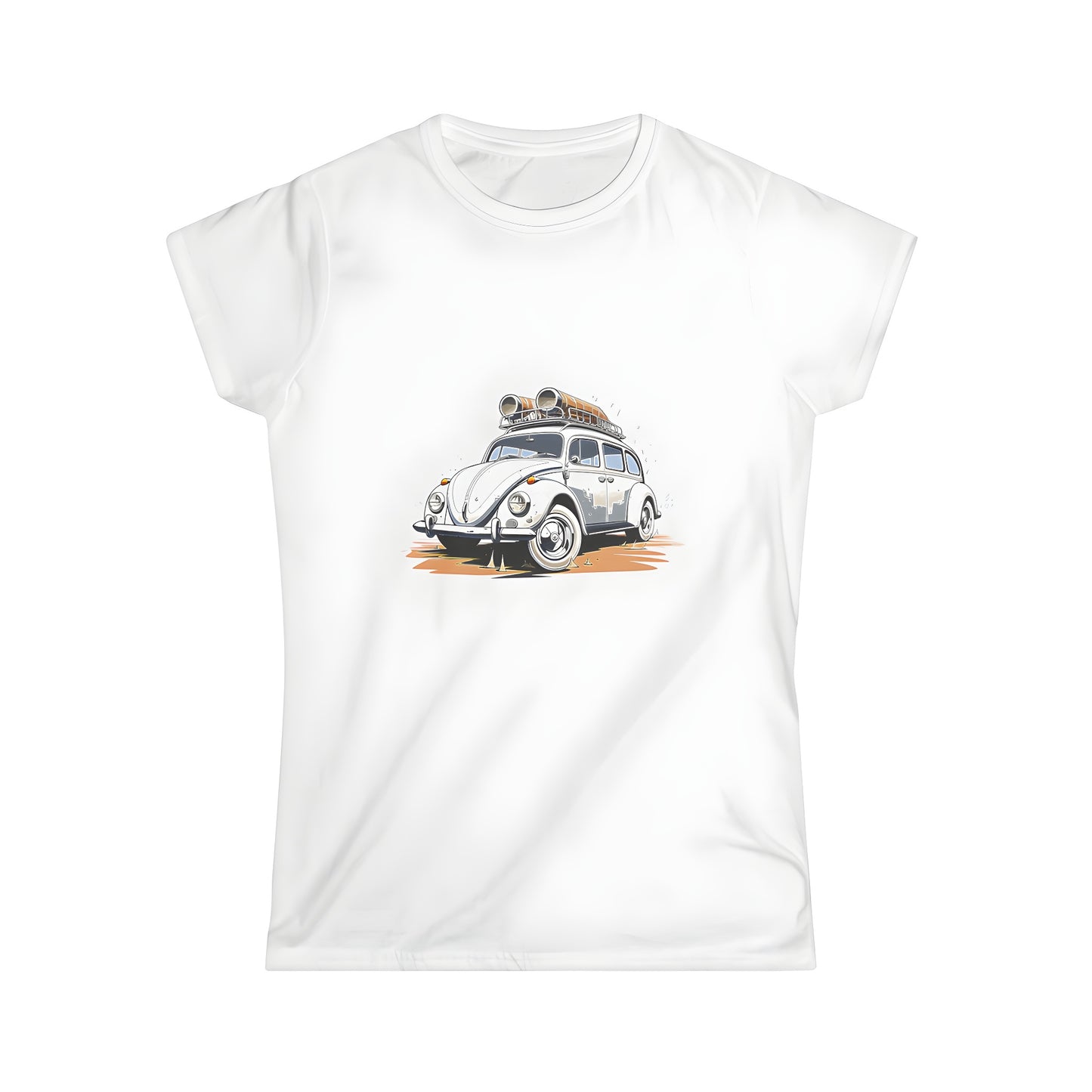 A colorful illustration of a vintage white Volkswagen Beetle driving on a dusty road, printed on a high-quality women's t-shirt