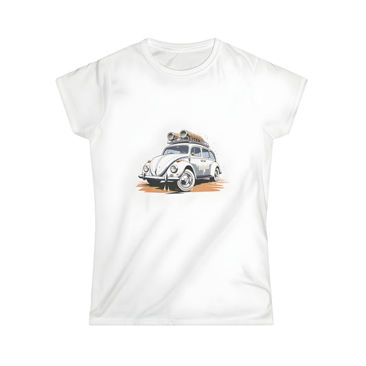 A colorful illustration of a vintage white Volkswagen Beetle driving on a dusty road, printed on a high-quality women's t-shirt