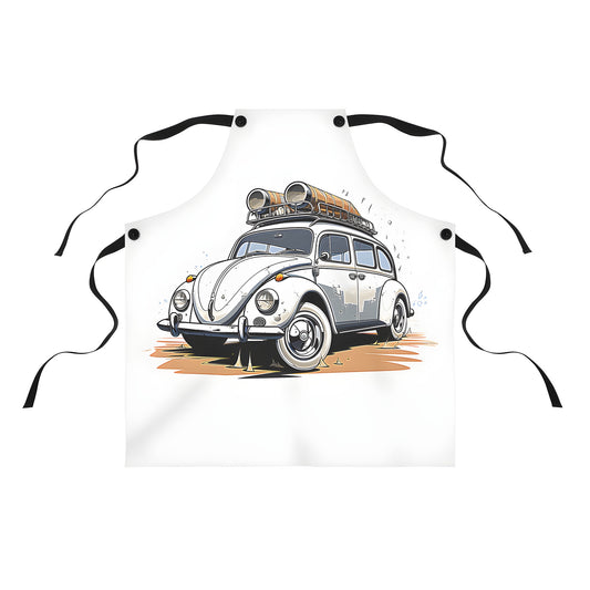 Vintage Volkswagen apron with colorful illustration of 1960s Beetle driving on dusty road