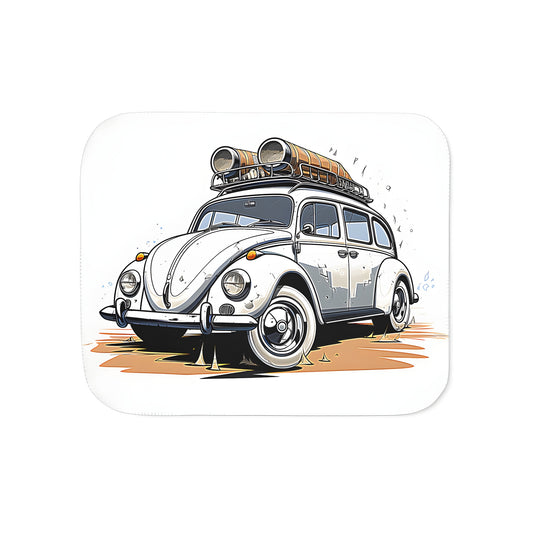 Colorful vintage car blanket with a classic Volkswagen Beetle design, perfect for VW enthusiasts