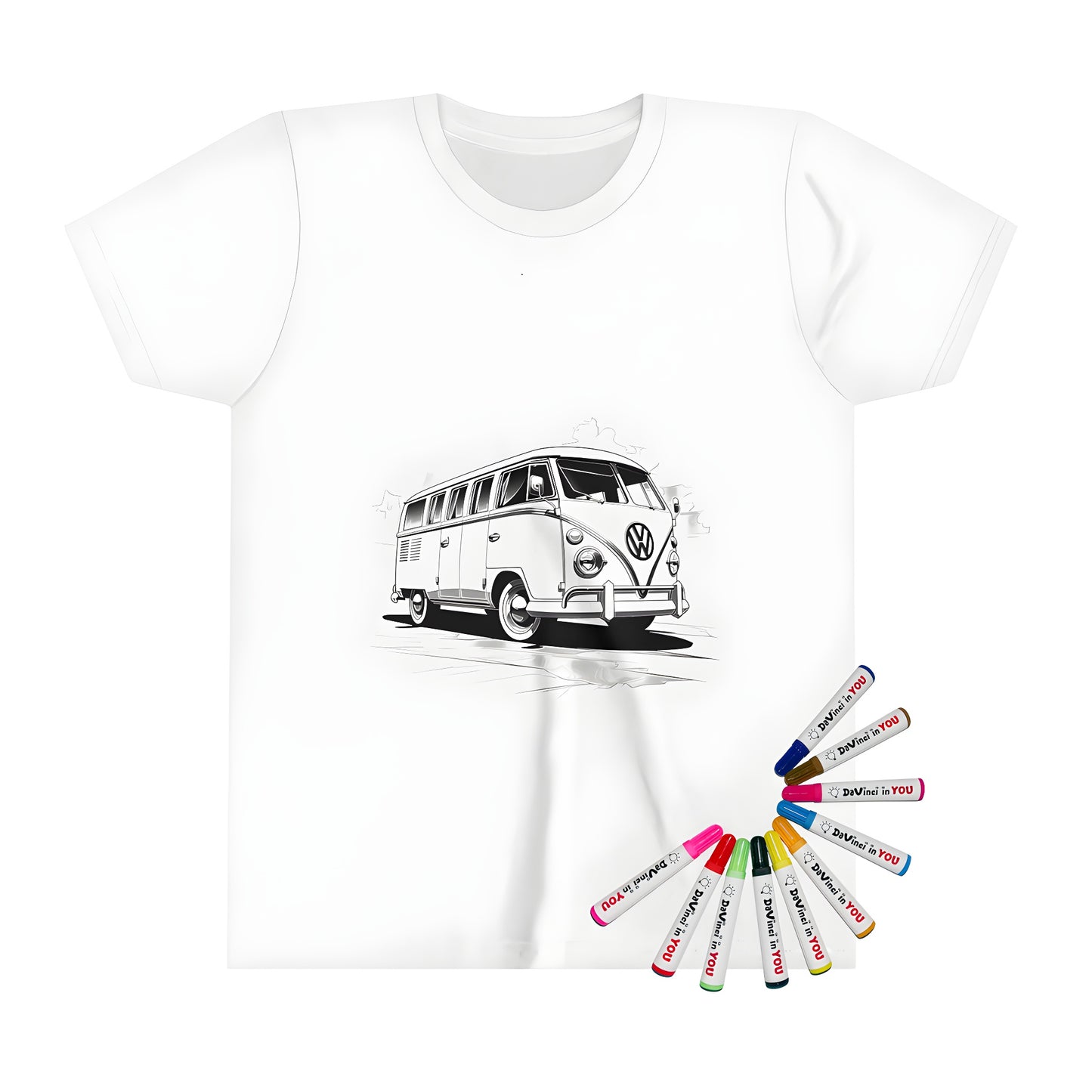 Black and white coloring page design of a classic VW van on a kid's t-shirt