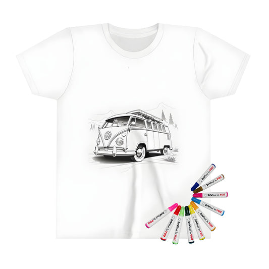 A fun kid's t-shirt featuring a colorful vintage-style Volkswagen van illustration against a scenic mountain landscape with trees, perfect for little ones who love cars and art