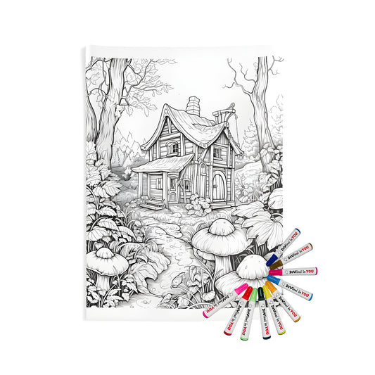 Whimsical black and white cottage scene indoor wall tapestry with fabric markers