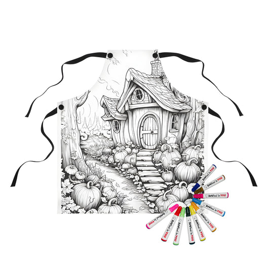 Apron with enchanting countryside scene printed on it, features a fantasy cottage illustration surrounded by pumpkins and trees