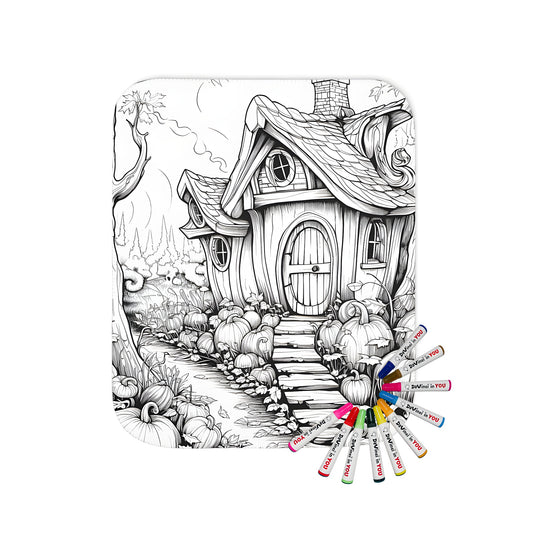 Cozy blanket featuring a whimsical black and white illustration of a fantasy cottage surrounded by pumpkins and trees in a forest setting. Perfect for snuggling up on a chilly evening.