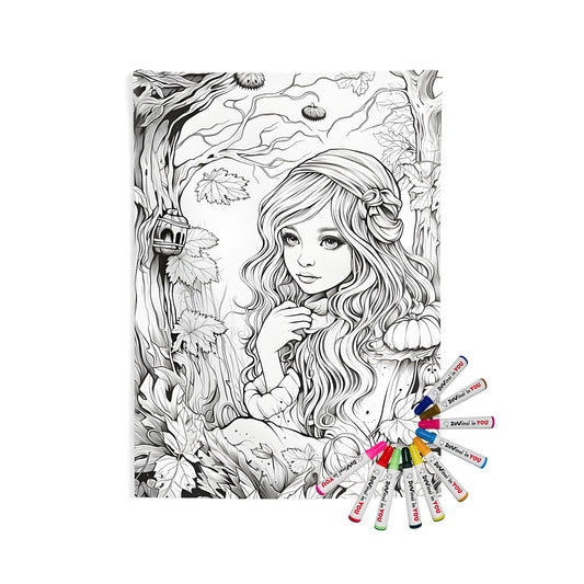 Indoor Wall Tapestries for sale featuring a detailed black and white illustration of a princess amidst forest surroundings with leaves and trees creating an enchanting ambiance.