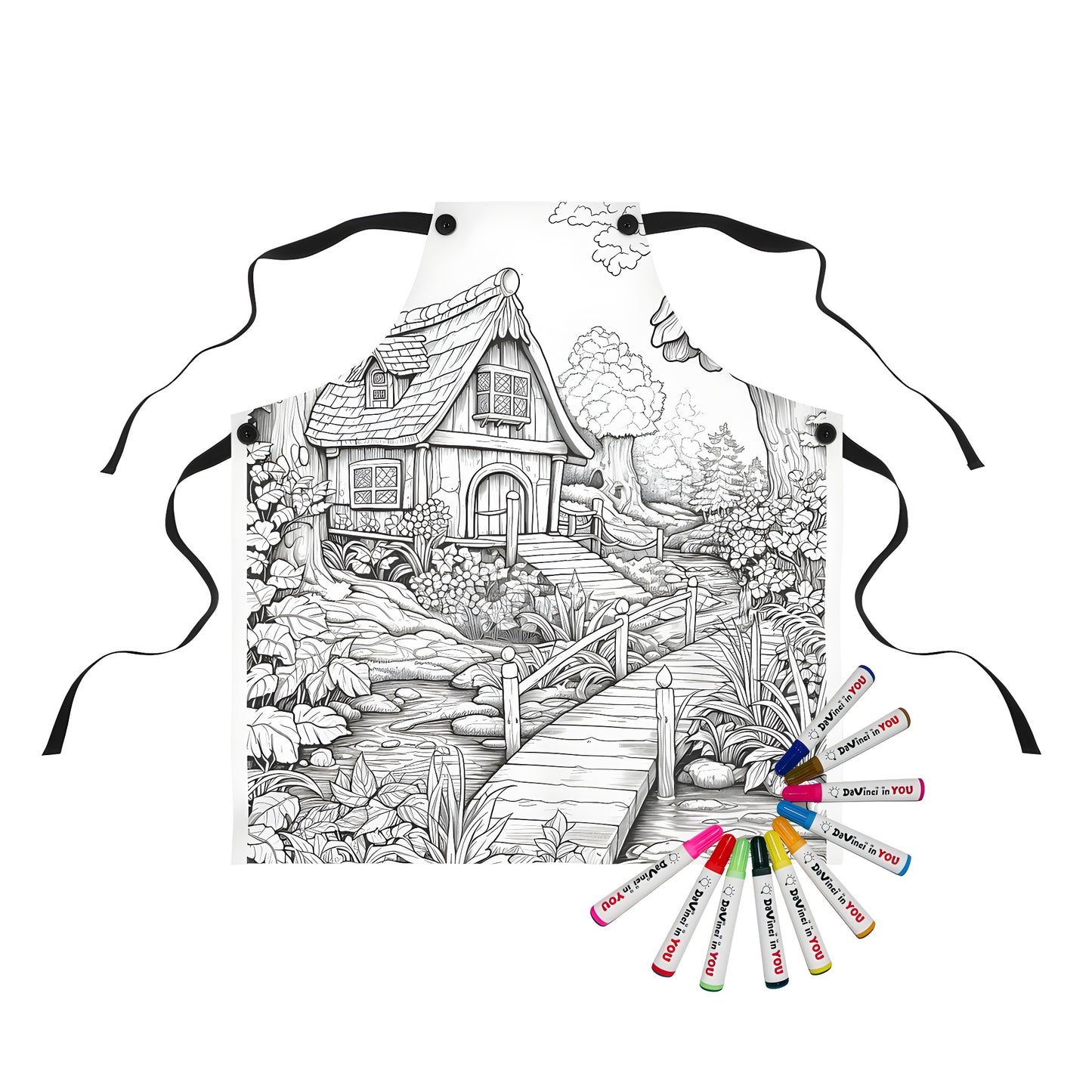 Fairy tale-inspired apron design with cottage scene and whimsical details. High-quality print on comfortable fabric.