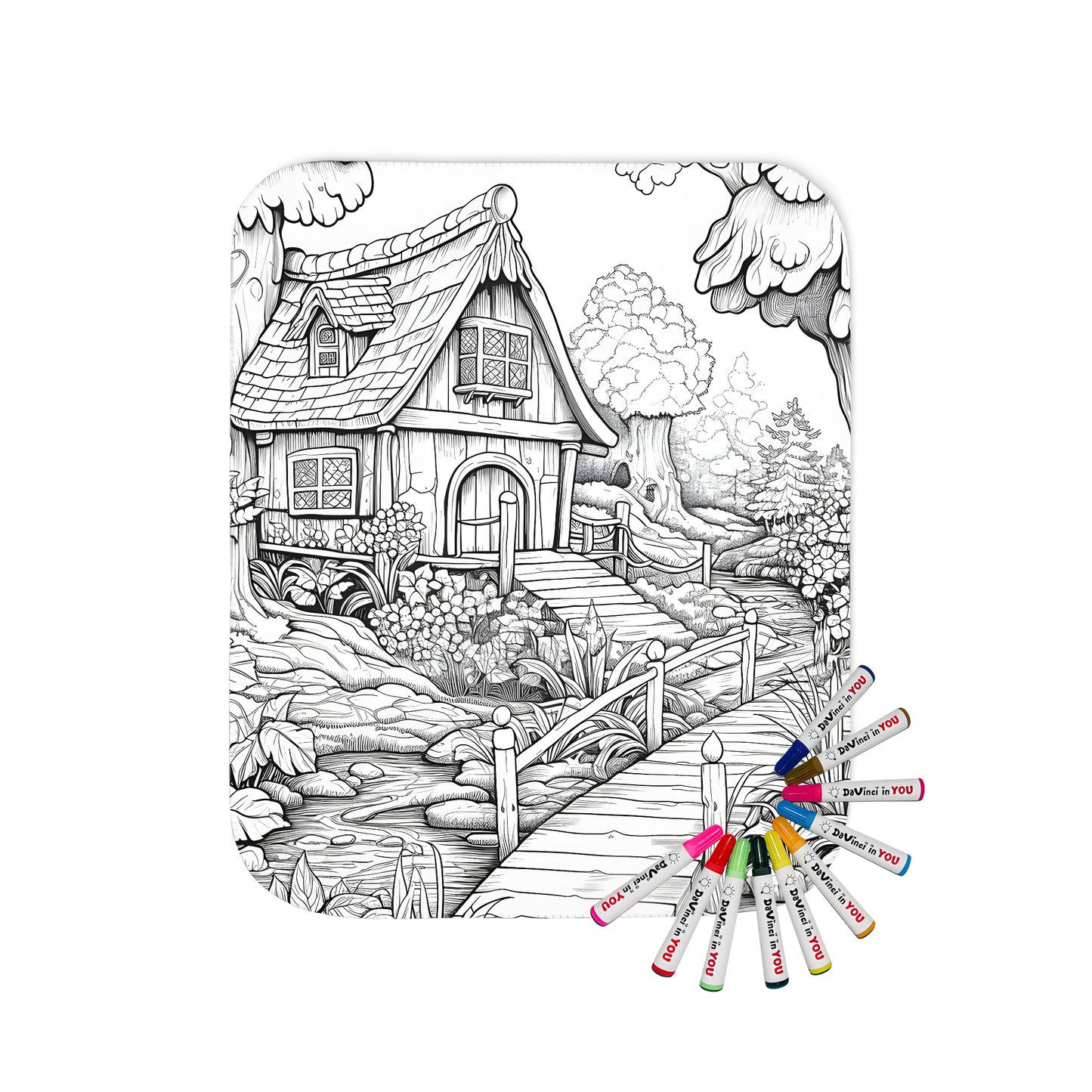 Fairy tale inspired blanket for adults or children featuring a detailed illustration of a cottage nestled in a forest with a stream and bridge. Perfect for fans of fantasy art, whimsical decor, and cozy home essentials.