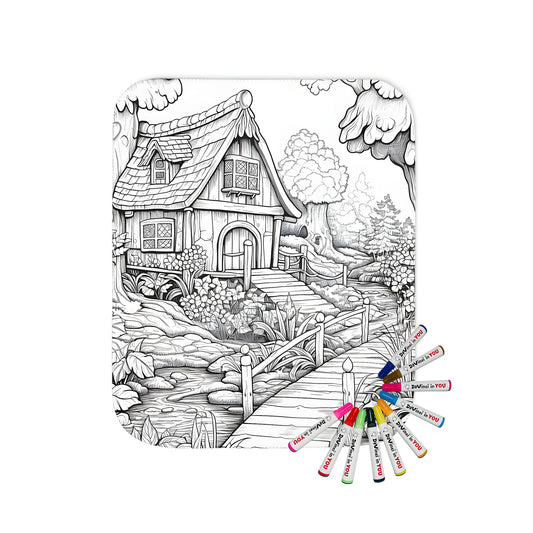 Fairy tale inspired blanket for adults or children featuring a detailed illustration of a cottage nestled in a forest with a stream and bridge. Perfect for fans of fantasy art, whimsical decor, and cozy home essentials.