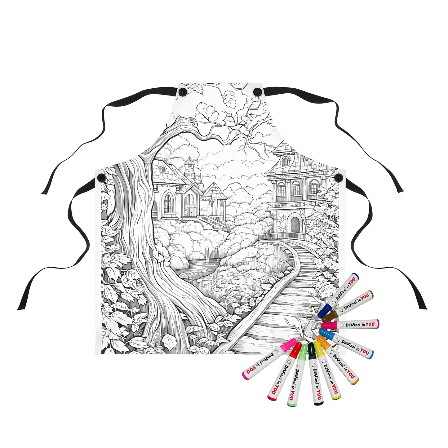 Detailed illustration of an enchanting fairy tale village on a colorful apron