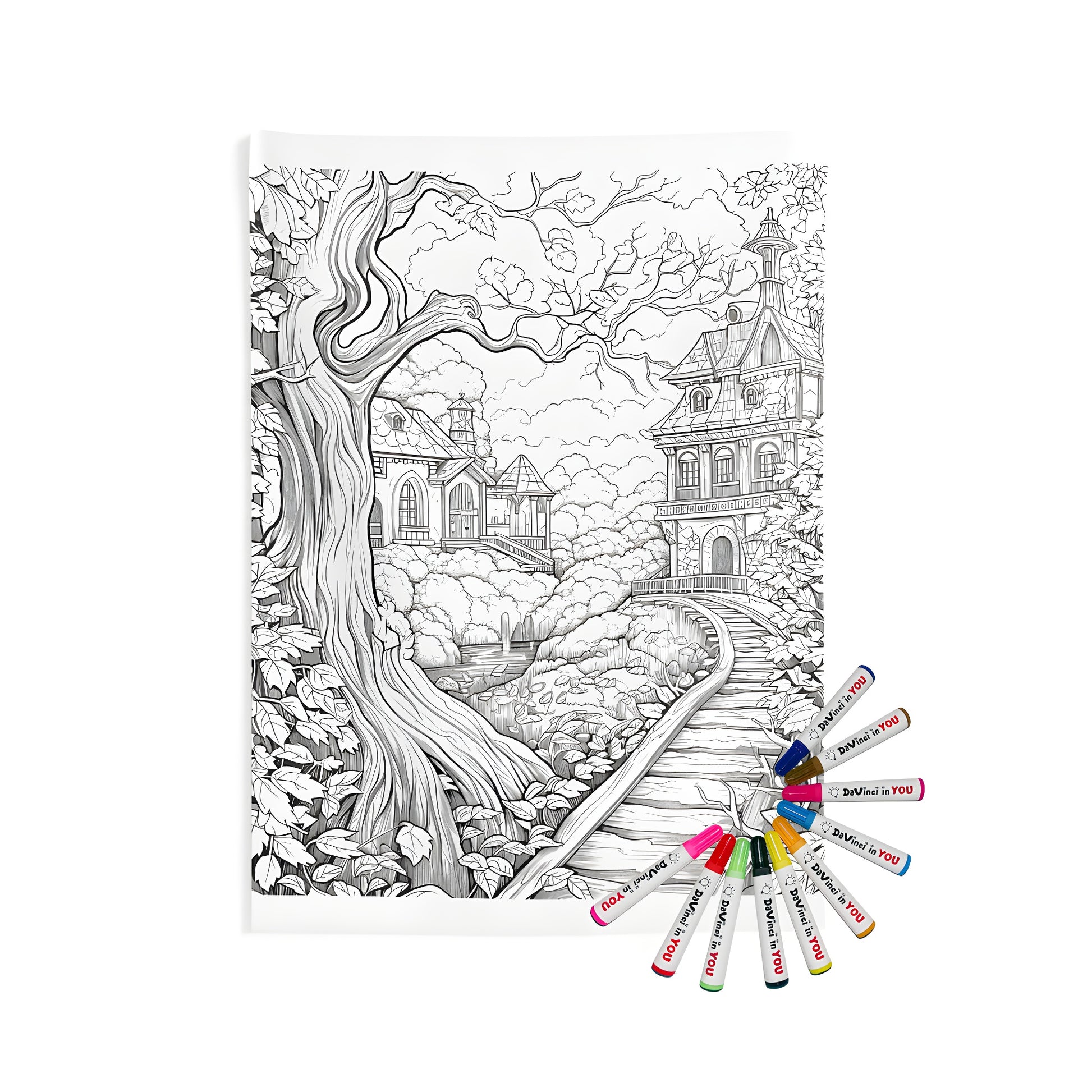 Detailed black-and-white illustration of an enchanting fantasy village scene with intricately designed houses, winding roads, and lush greenery. Perfectly printed on a high-quality indoor wall tapestry.