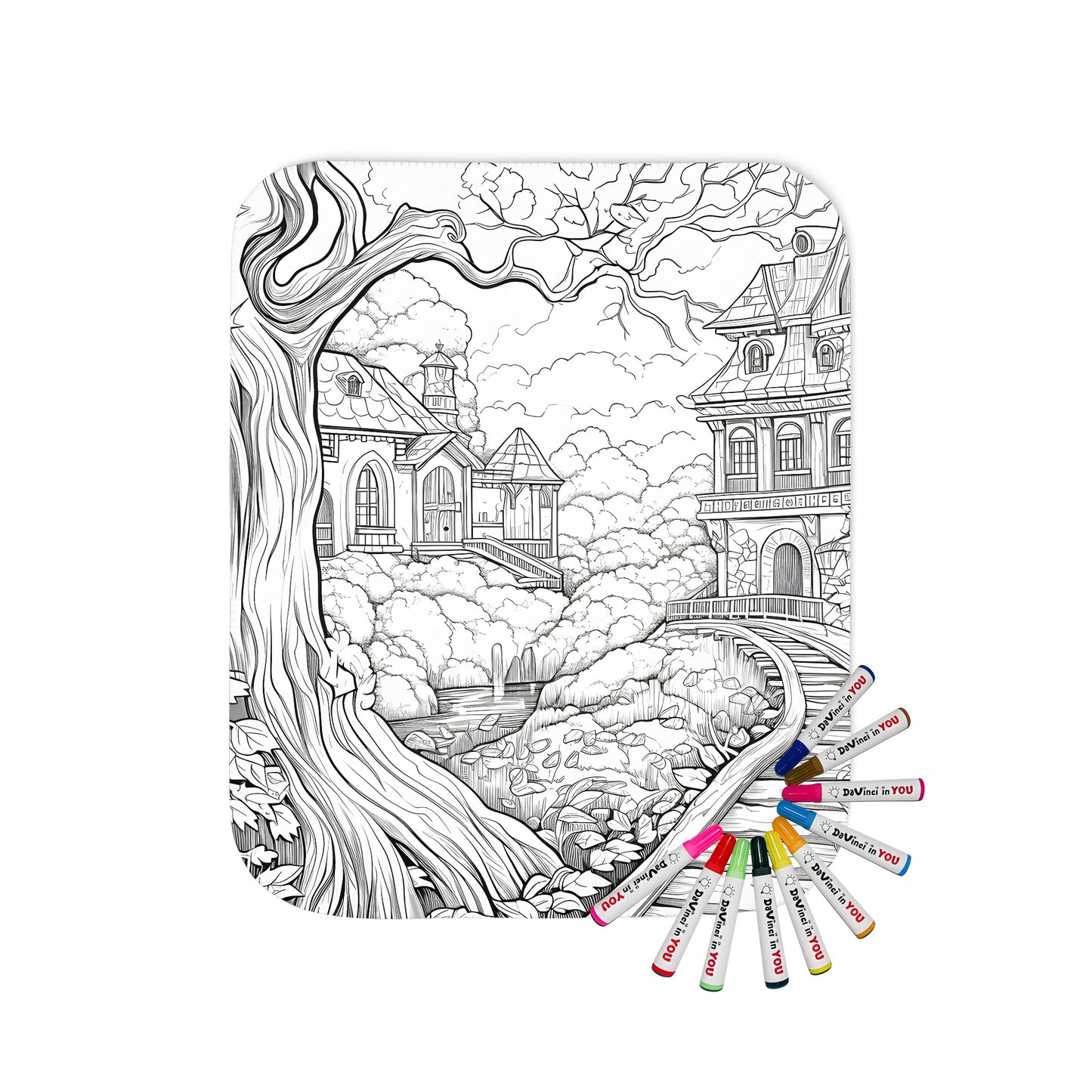 Blanket with whimsical black-and-white fairy tale village scene, elaborate houses, winding paths, and lush greenery.