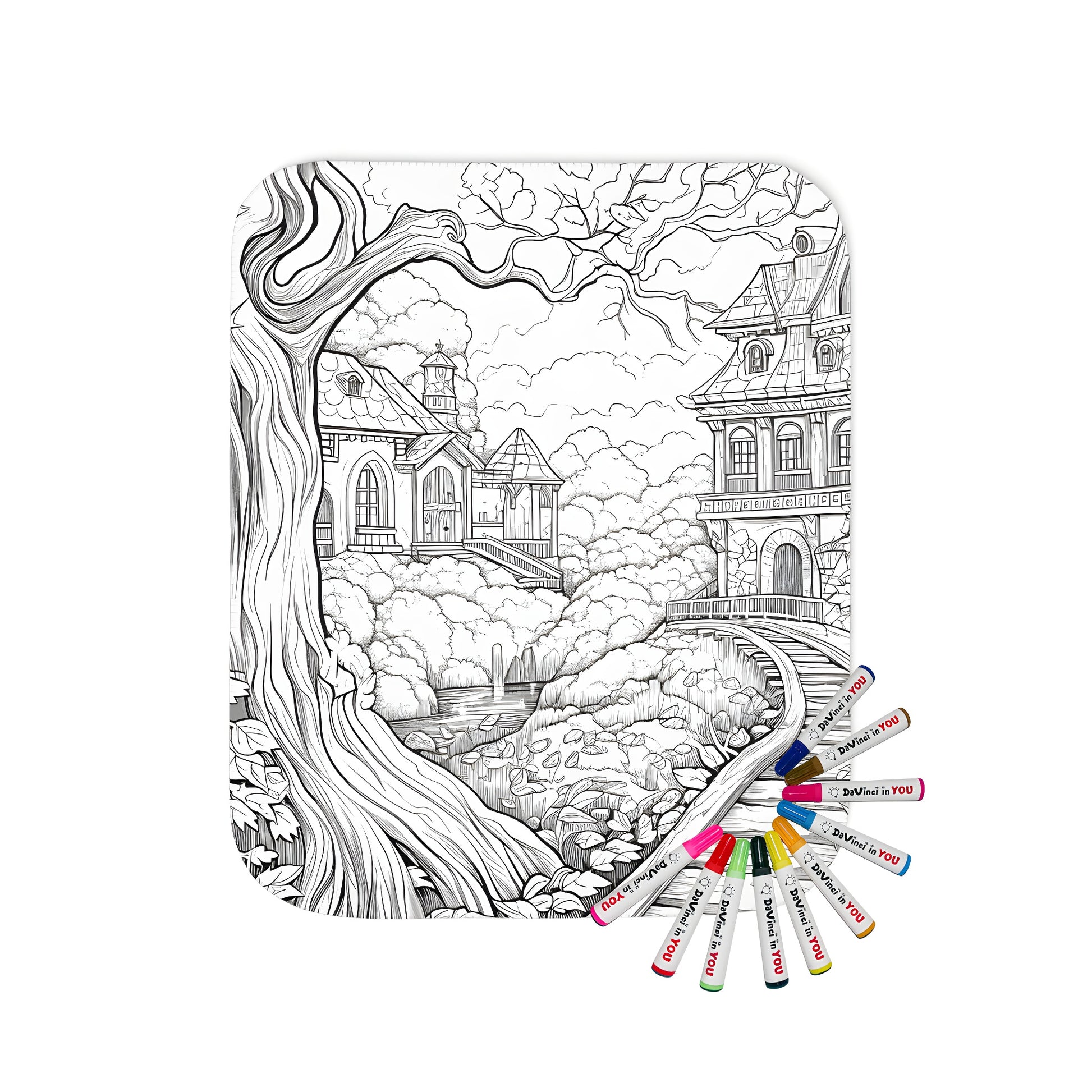 Blanket with whimsical black-and-white fairy tale village scene, elaborate houses, winding paths, and lush greenery.