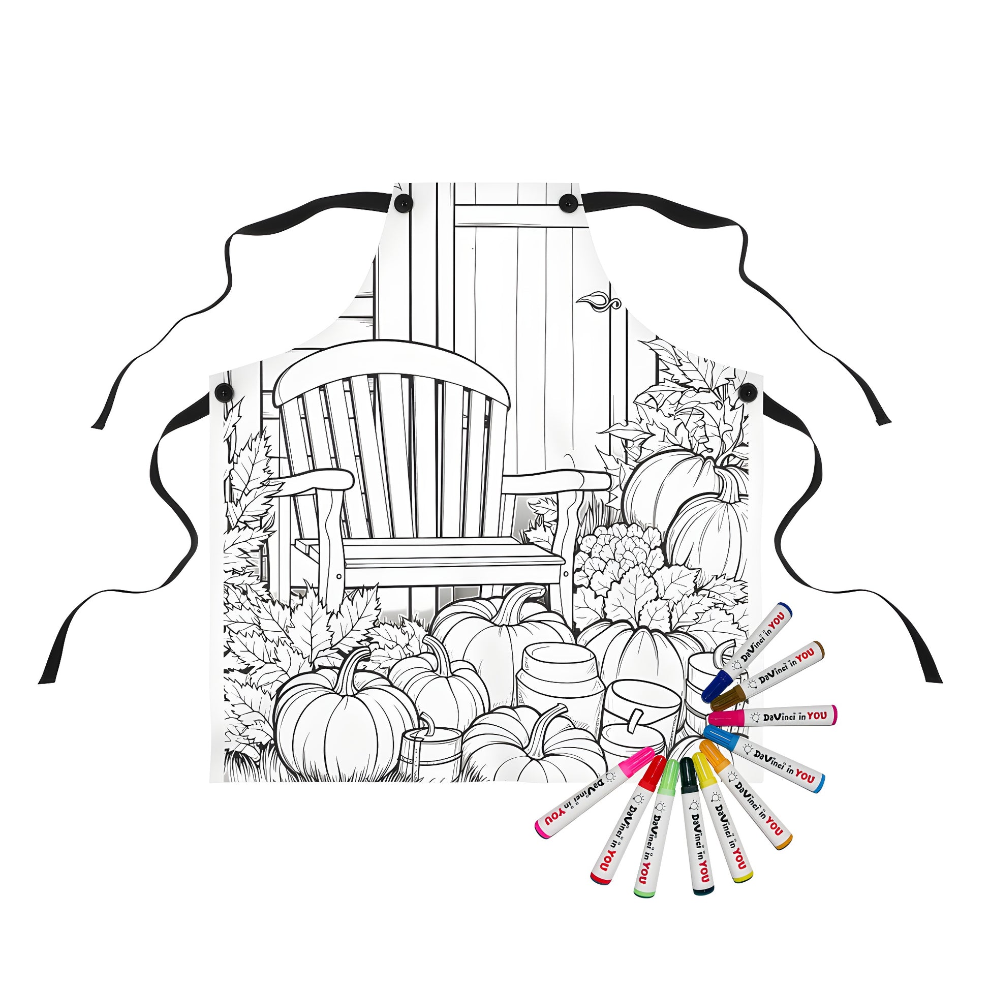 Apron coloring page inspired by a garden illustration with pumpkins, furniture, and foliage