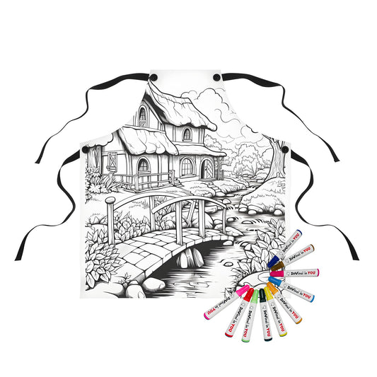 A watercolor-style black and white coloring page apron featuring a picturesque cottage scene with a bridge over a creek surrounded by lush trees and natural scenery.