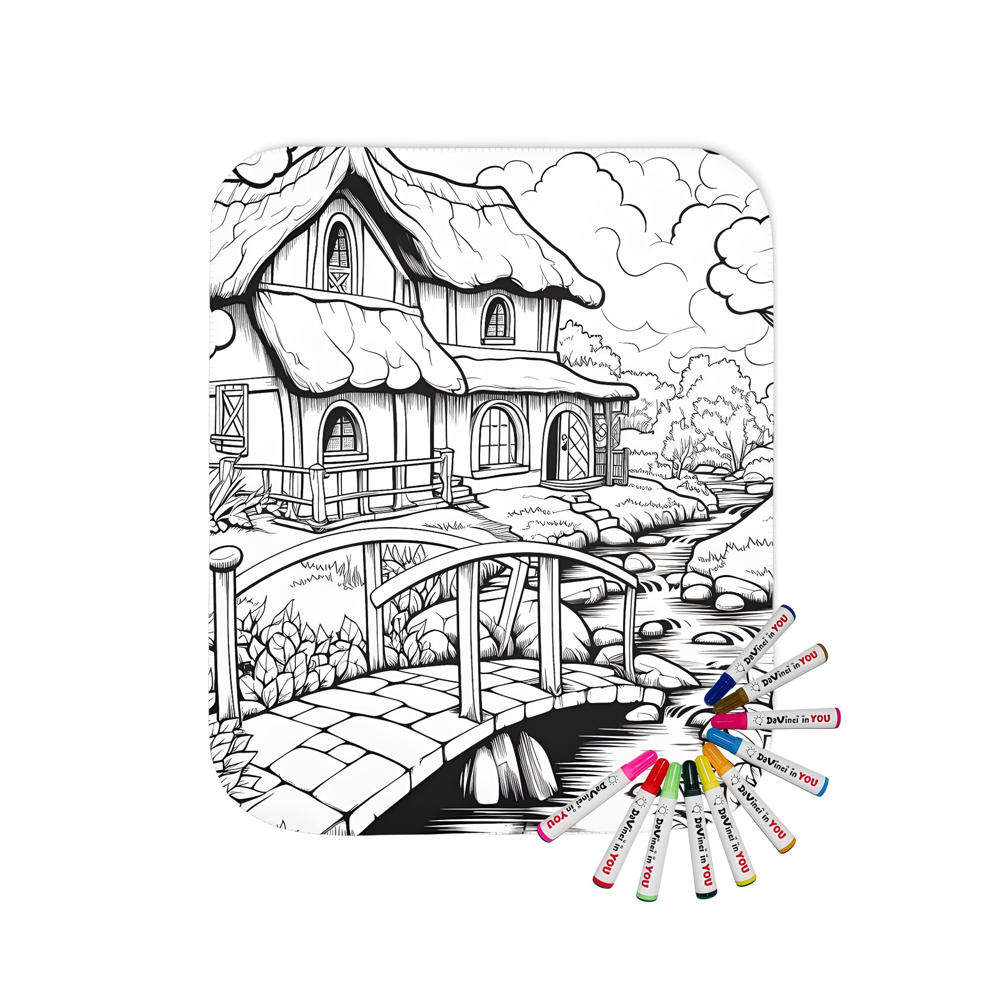 Cozy blanket with a charming cottage scene featuring a picturesque bridge over a serene creek, surrounded by lush greenery and natural landscape, perfect for adult coloring enthusiasts.