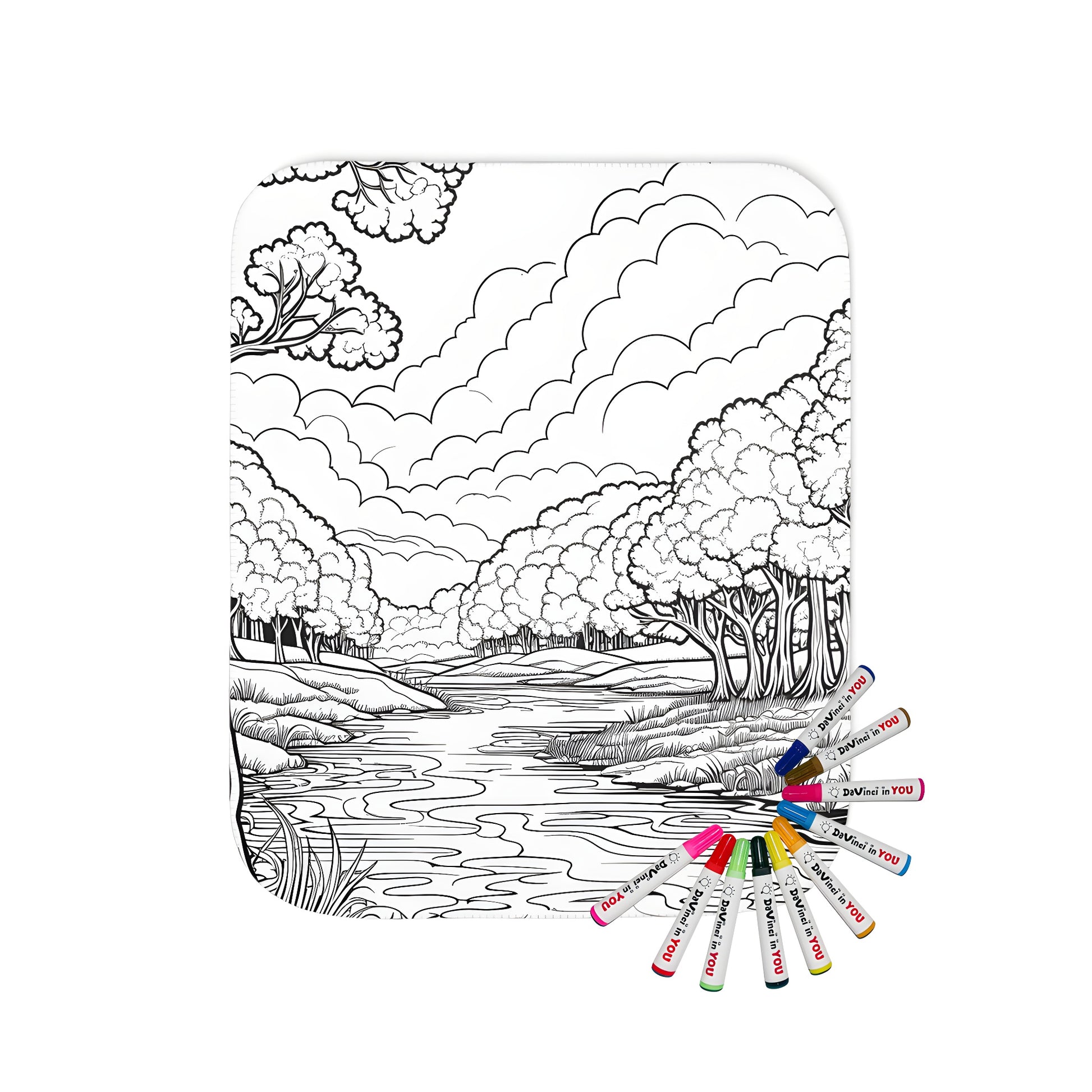 Serene woodland blanket with beautiful forest river scene, perfect for relaxation