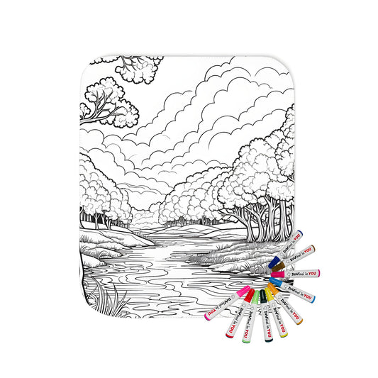 Serene woodland blanket with beautiful forest river scene, perfect for relaxation