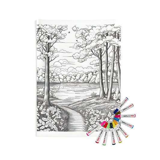 Indoor wall tapestry featuring a black and white drawing of a forest path leading to a serene lake scene, surrounded by lush trees, leaves, and scenic views.