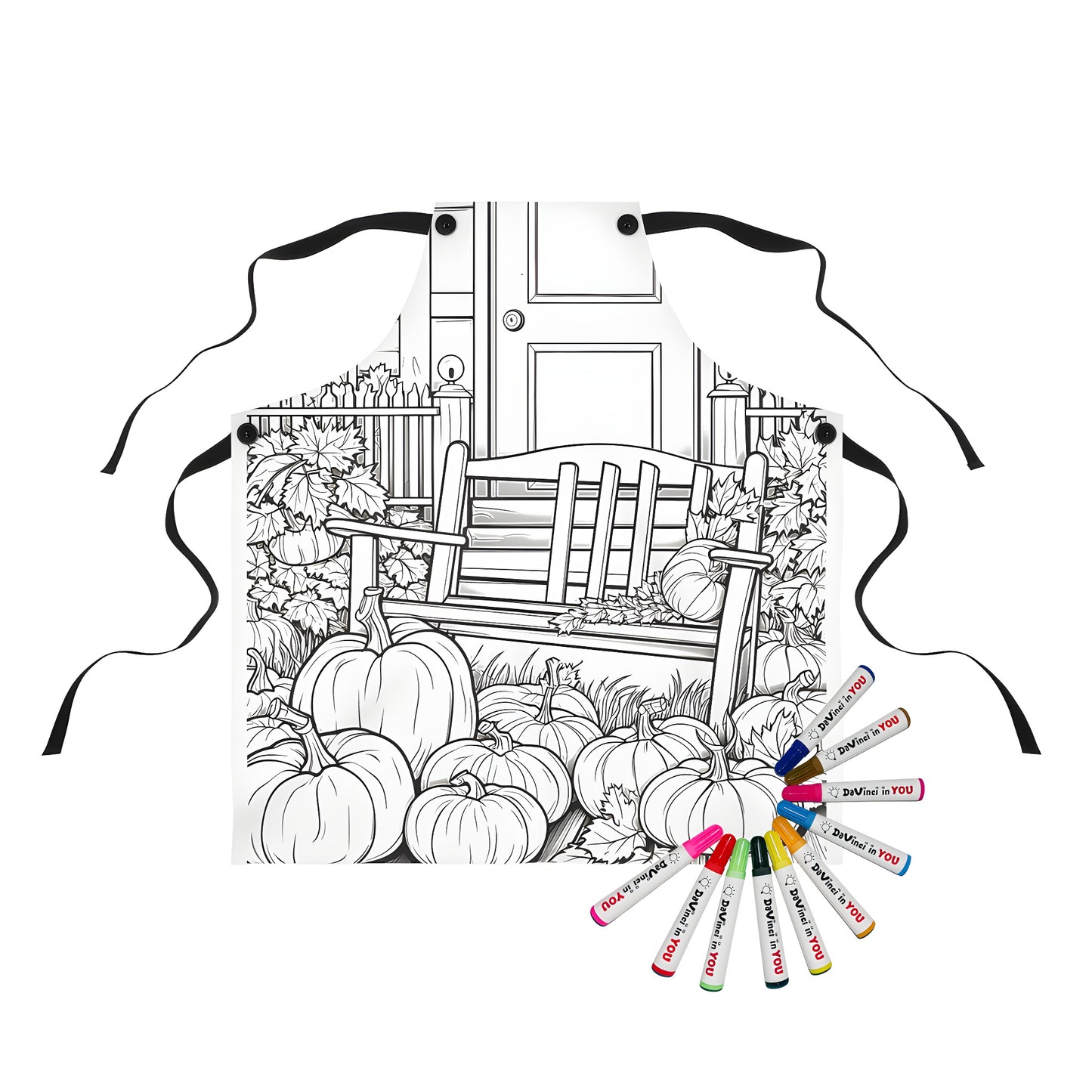 Fall apron featuring a cozy porch scene with pumpkins and leaves, perfect for autumn gatherings