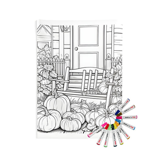 Fall Porch Scene Indoor Wall Tapestry with Pumpkins and Leaves