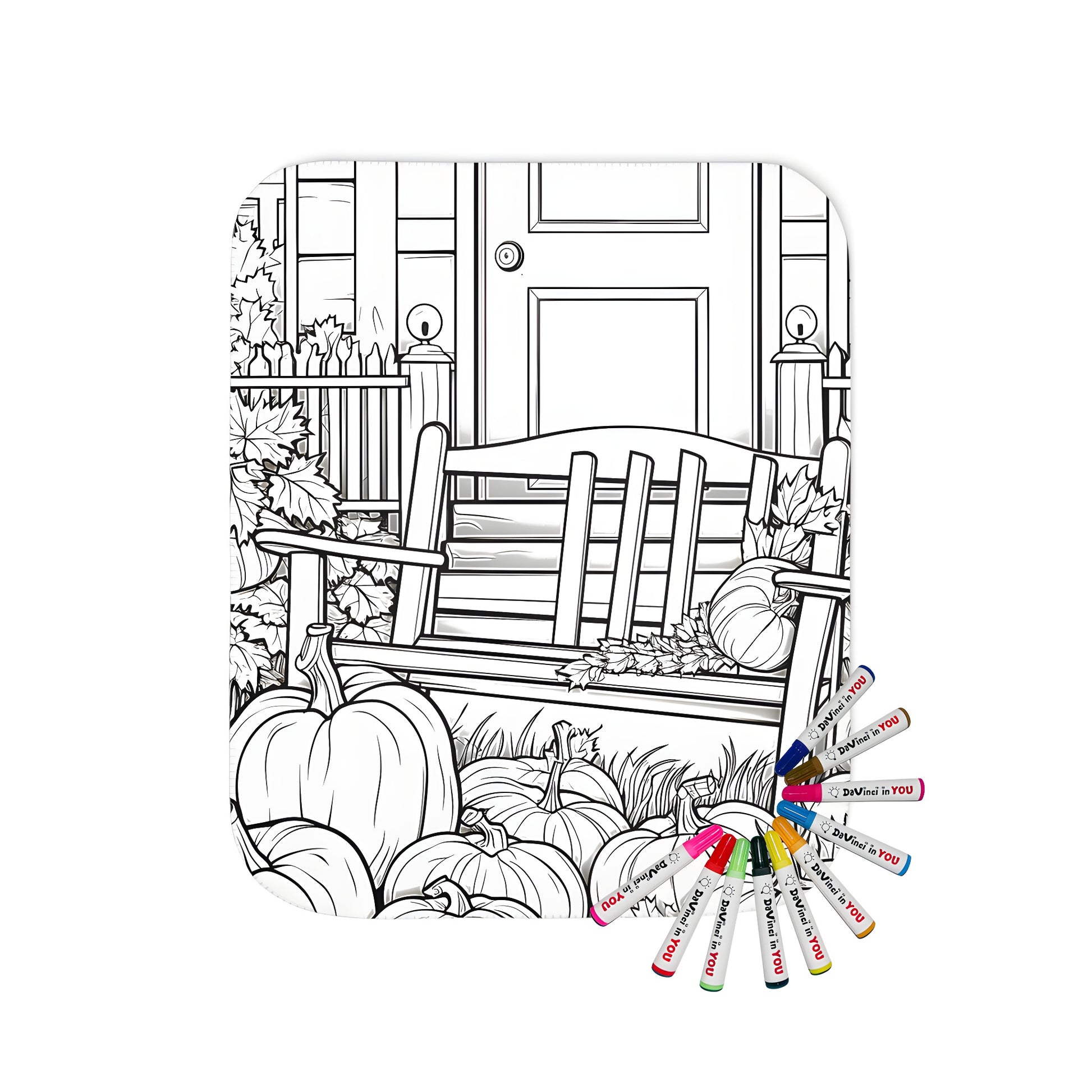 Autumnal blanket with porch scene coloring page design and pumpkins