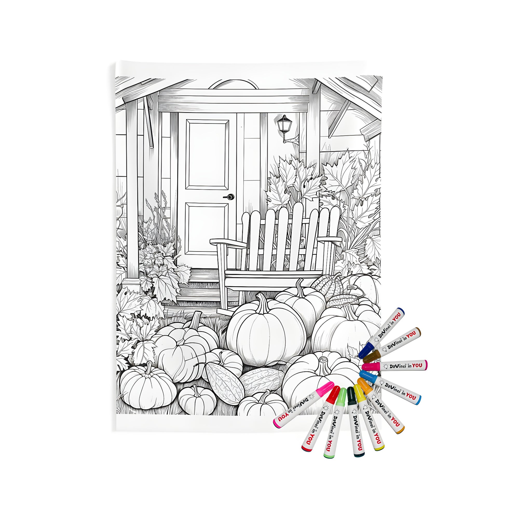 Indoor wall tapestries, fall decor, cozy home accents with a detailed black and white illustration of a house porch featuring a rocking chair, gourds, autumn leaves, and fall foliage.