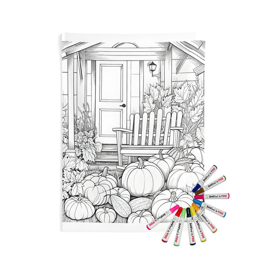 Indoor wall tapestries, fall decor, cozy home accents with a detailed black and white illustration of a house porch featuring a rocking chair, gourds, autumn leaves, and fall foliage.