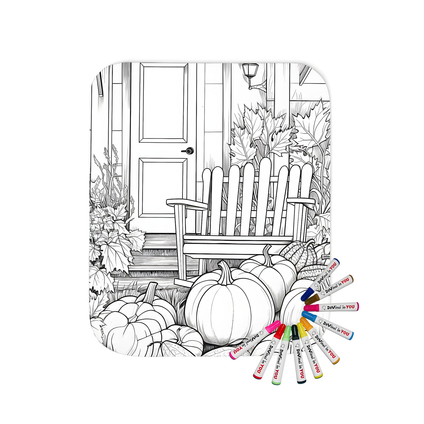 A cozy blanket featuring an autumnal scene of a house porch decorated with a rocking chair, gourds, and fall foliage.