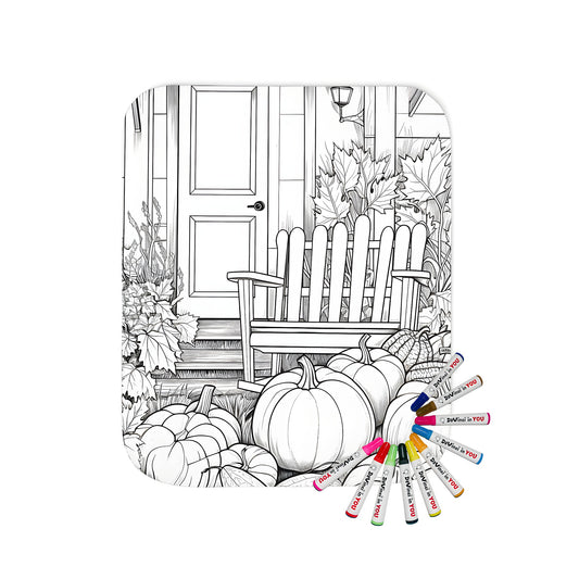 A cozy blanket featuring an autumnal scene of a house porch decorated with a rocking chair, gourds, and fall foliage.