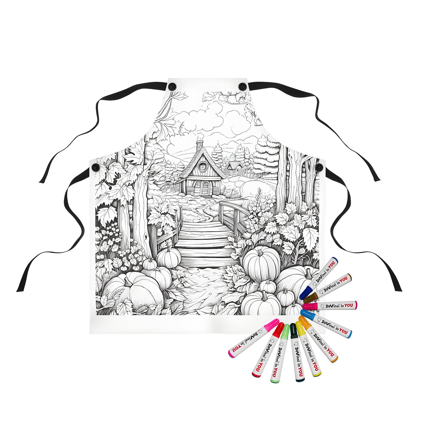 Vintage country farmhouse apron with a charming countryside house illustration featuring a bridge and pumpkins in a forest setting