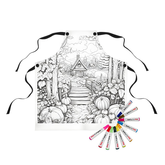 Vintage country farmhouse apron with a charming countryside house illustration featuring a bridge and pumpkins in a forest setting