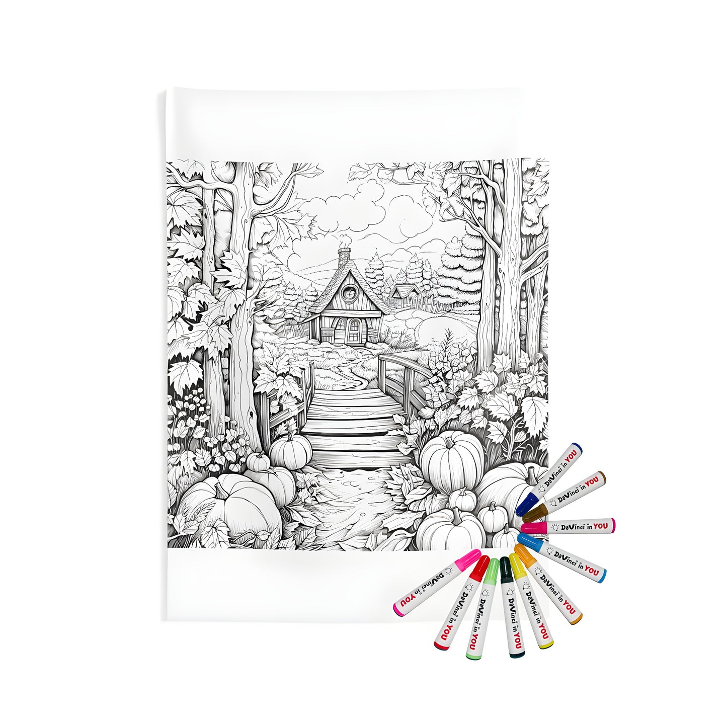 Vintage style wall tapestry featuring an enchanting countryside scene with a charming house, bridge, and pumpkins in a serene forest setting.