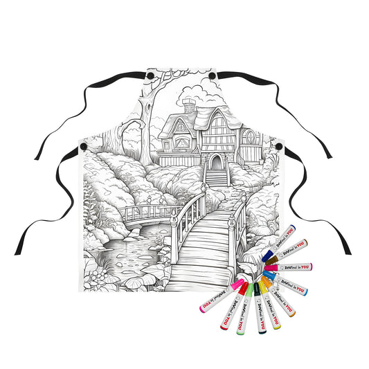 Colorful apron featuring whimsical cottage scene with forest, bridge, and winding path