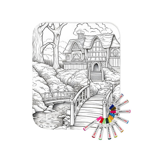 Blanket featuring a whimsical cottage scene in a nature setting, complete with a forest, bridge, and winding pathway - perfect for relaxation and creativity.