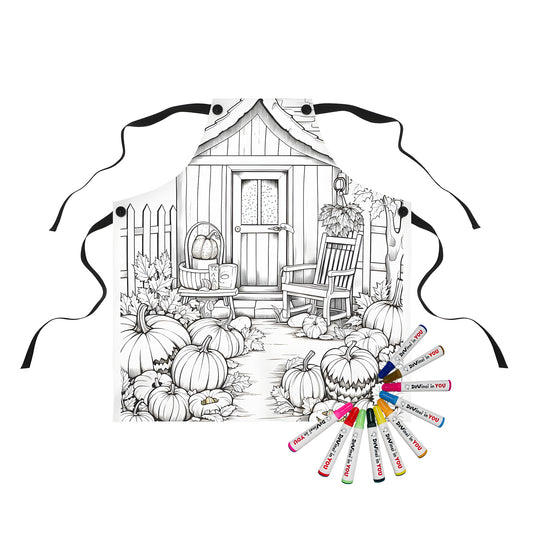 Apron with unique autumn garden illustration featuring pumpkins, cabin, and falling leaves