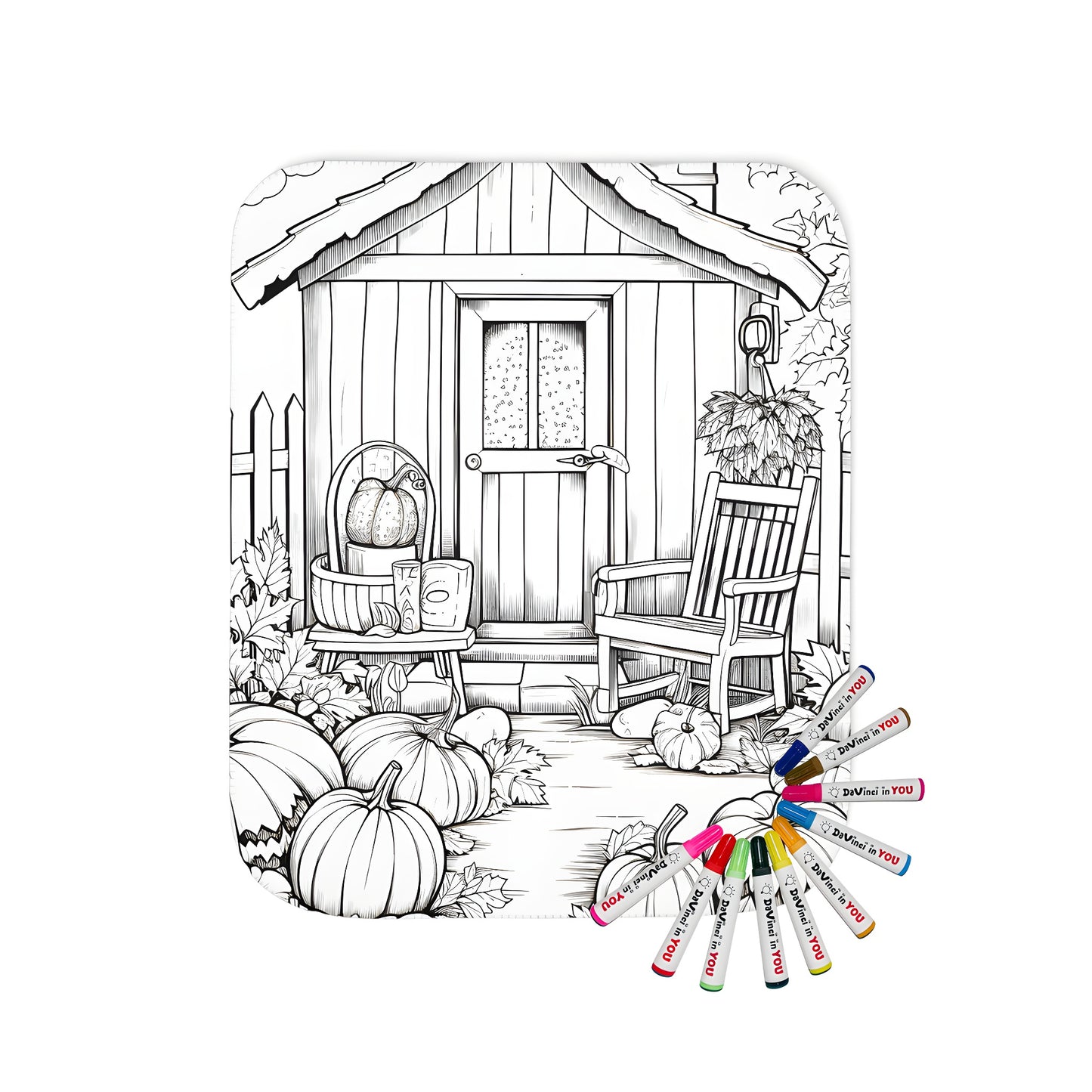 Autumn themed blanket with pumpkin decoration, fall garden illustration, cozy cabin, rocking chair, and fallen leaves