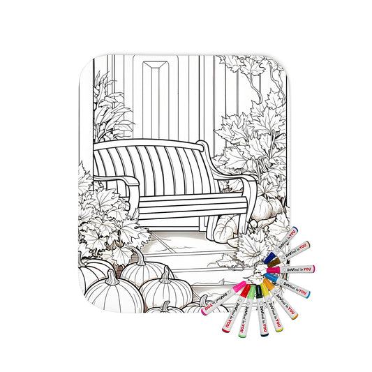 Cozy blanket with autumn-themed design, featuring an outdoor scene of a porch, bench, pumpkins, and leaves - perfect for fall coloring