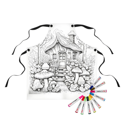 Whimsical forest apron with cottage scene coloring page art, featuring a black-and-white drawing of a woodland cabin, mushrooms, and foliage details