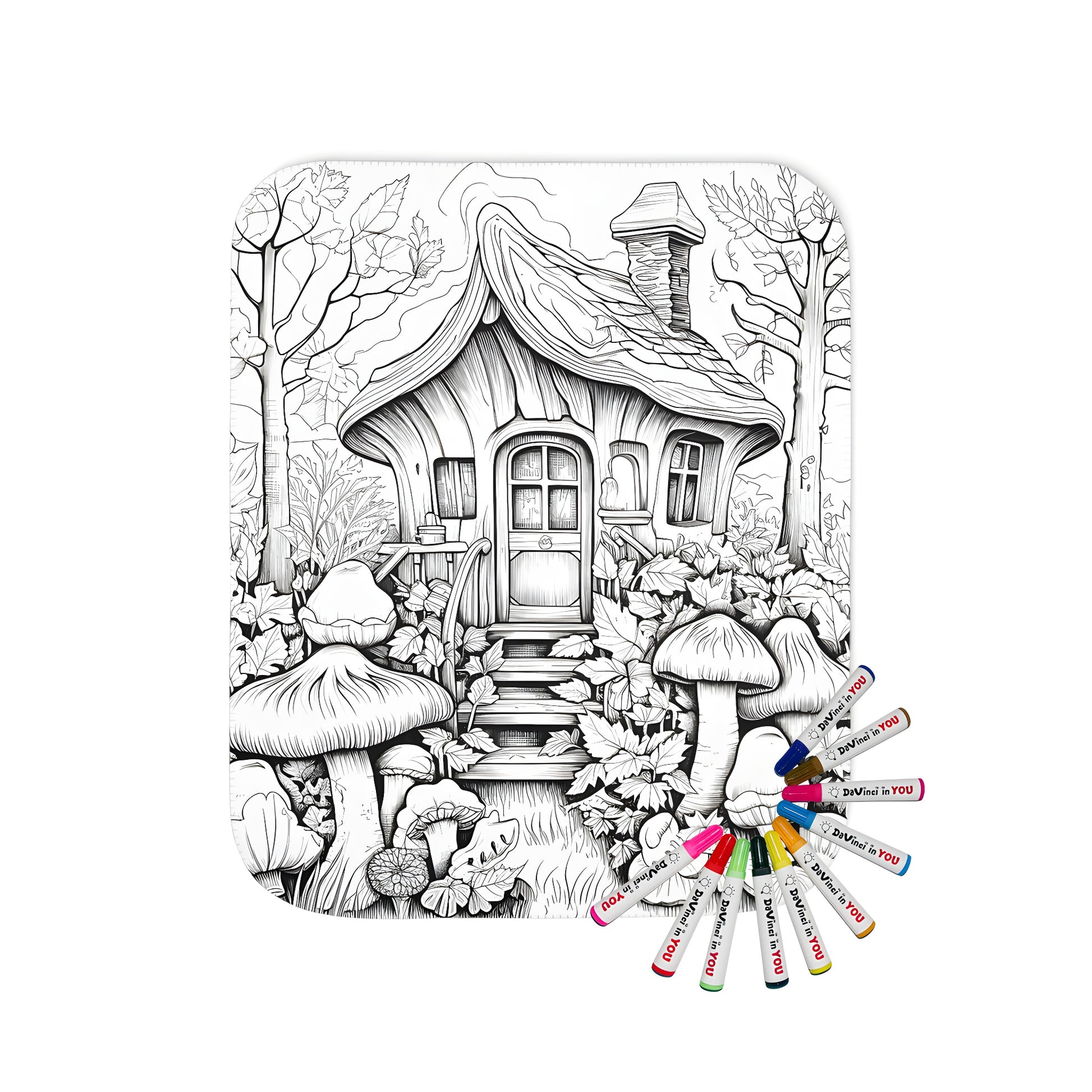 Cozy blanket featuring a whimsical woodland cottage illustration with magical forest details. Perfect for adult coloring book fans and cozy home decor.