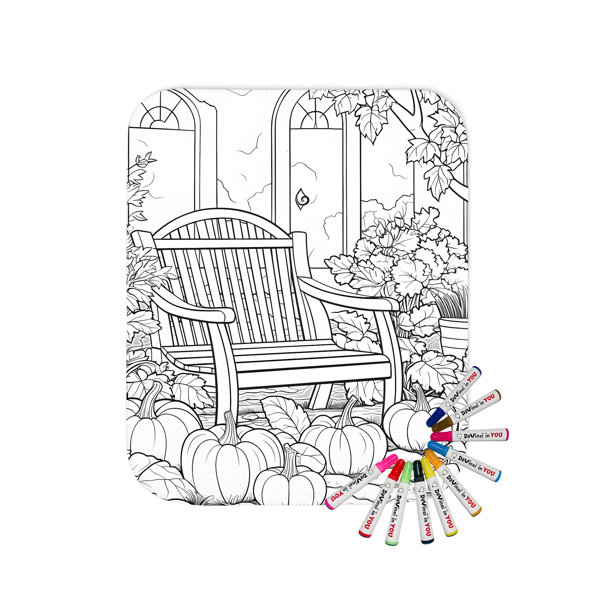 Garden scene blanket with colorful pumpkins on cobblestone path surrounded by trees and greenery