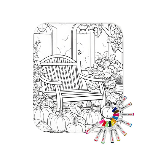 Garden scene blanket with colorful pumpkins on cobblestone path surrounded by trees and greenery