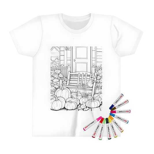 Colorful kid's tee featuring a spooky porch scene with pumpkins and autumn leaves for a Fall costume or Halloween party