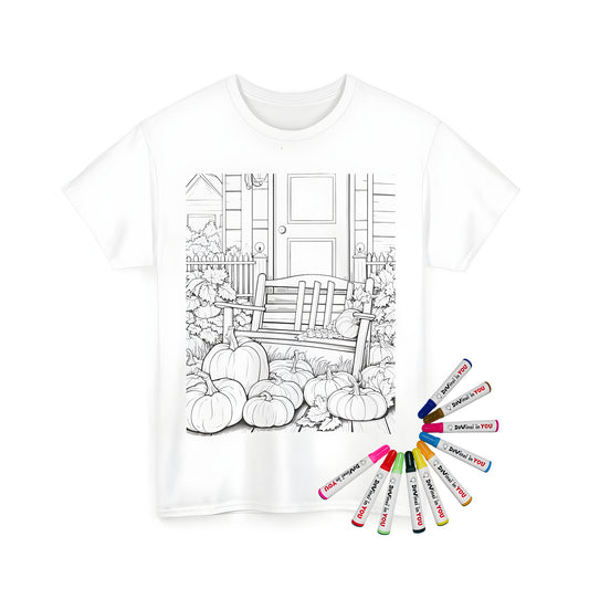 Autumnal unisex tee with porch bench and pumpkins coloring page design