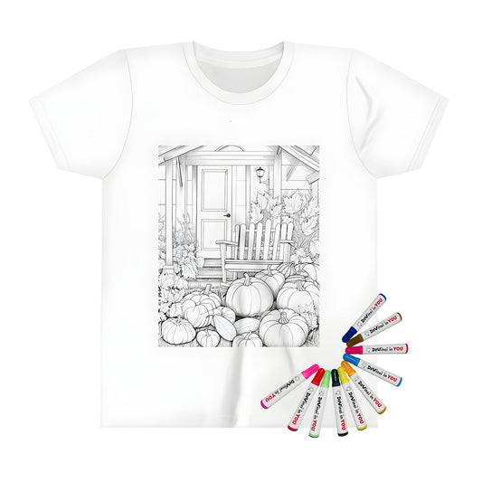 A kid's t-shirt featuring an autumnal illustration of a cozy porch scene, complete with pumpkins, gourds, and harvest decor, printed on high-quality fabric.