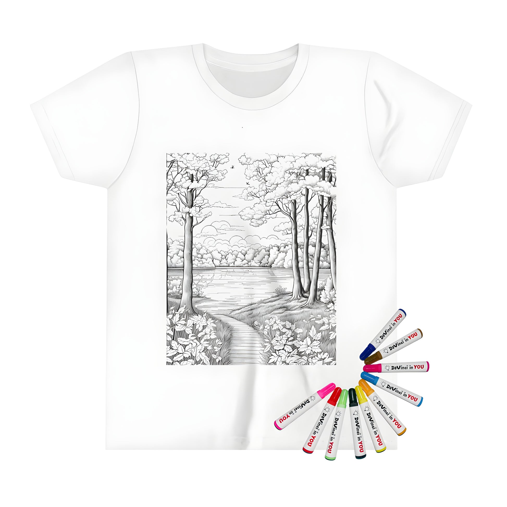 Black and white forest path leading to a lake t-shirt design with trees, leaves, and scenic view