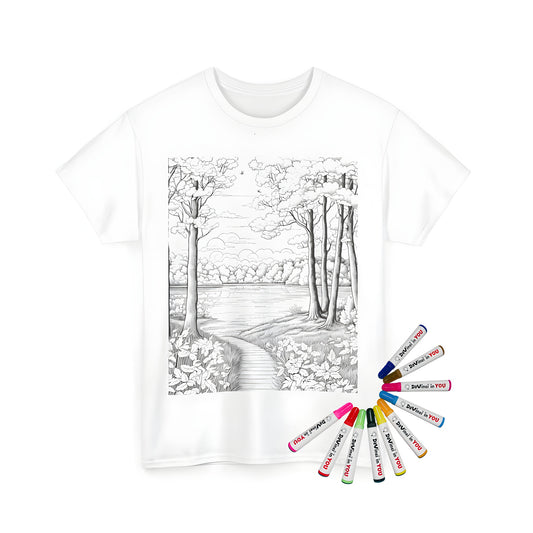 Coloring kit Unisex T-shirt with forest scenery art, woodland landscape