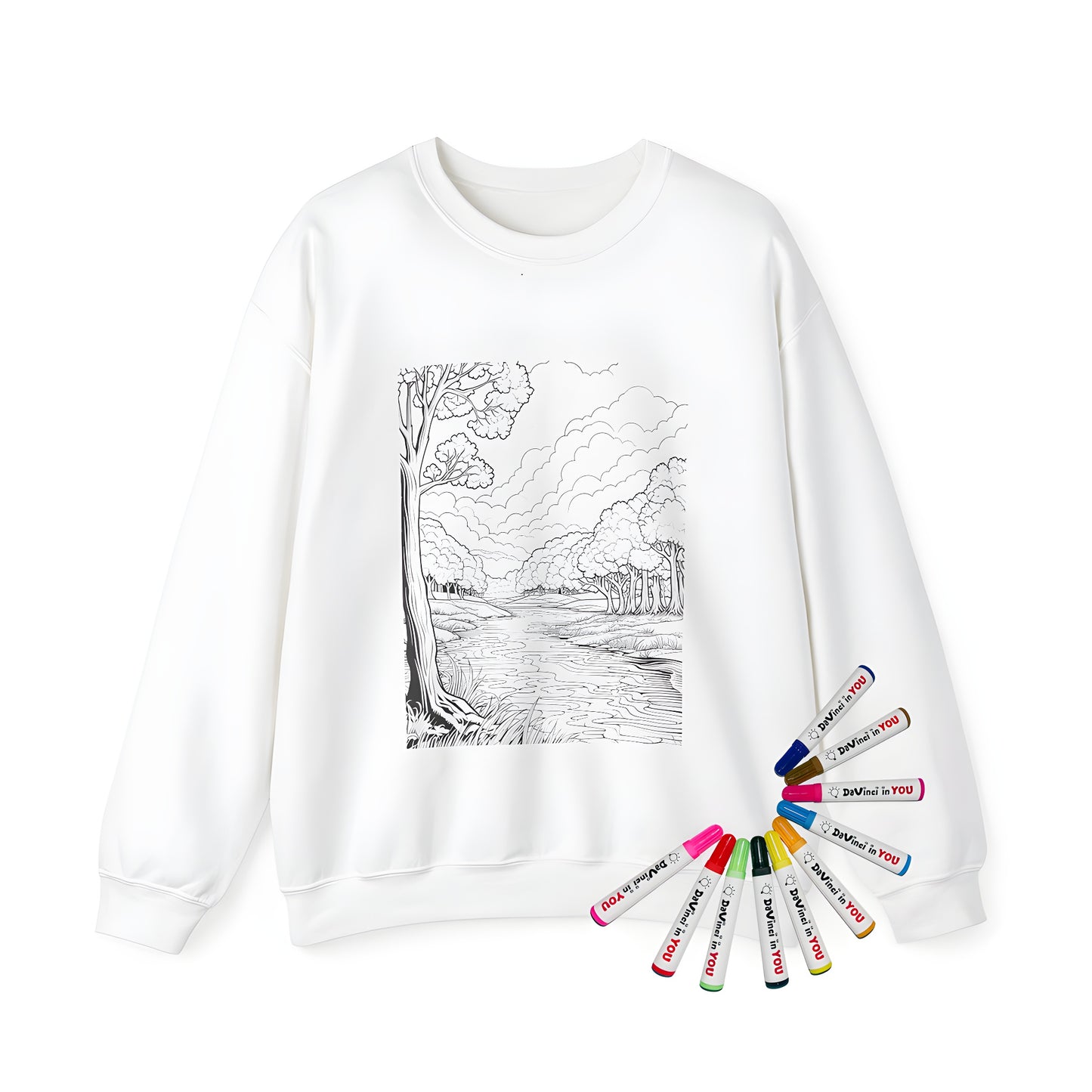 Adult sweatshirt featuring a serene black and white illustration of a peaceful forest river scene with trees and clouds.